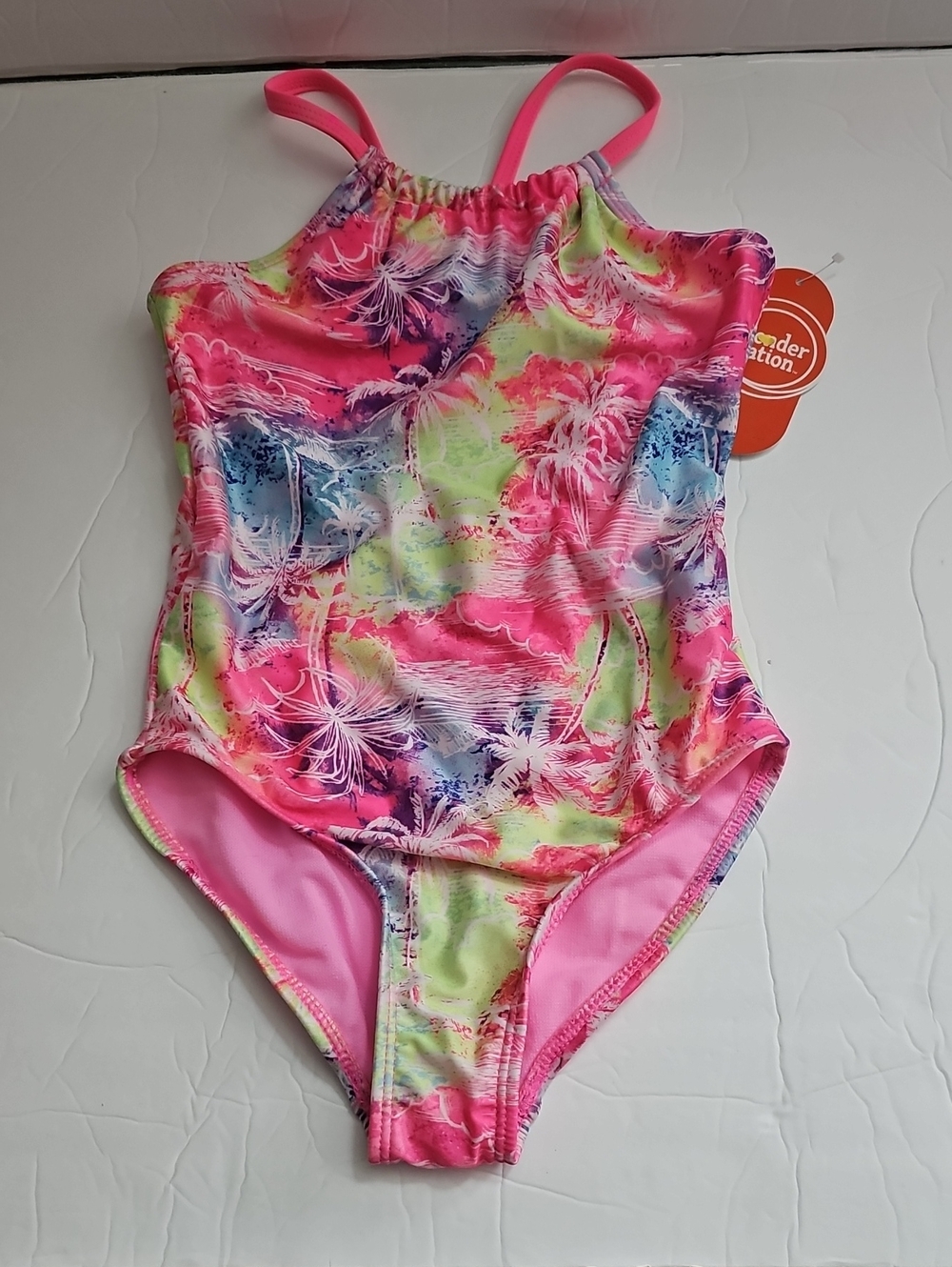 Wonder Nation Pink Multi Tropical Print Girls' One-Piece Swimsuit